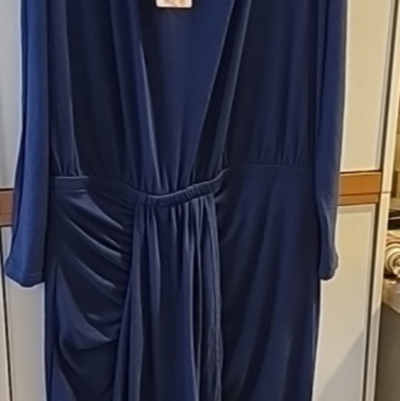 NWT- Size XL- PRETTYGARDEN Blue Ruched Midi Dress,Long Sleeve with Draped Front - Picture 14 of 16